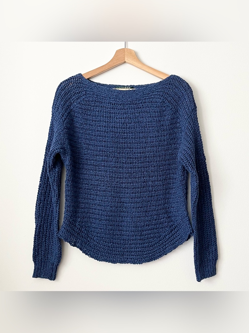 Lauren Ralph Lauren Women's Open Knit Crochet Sweater Size M Blue Boat Neck
